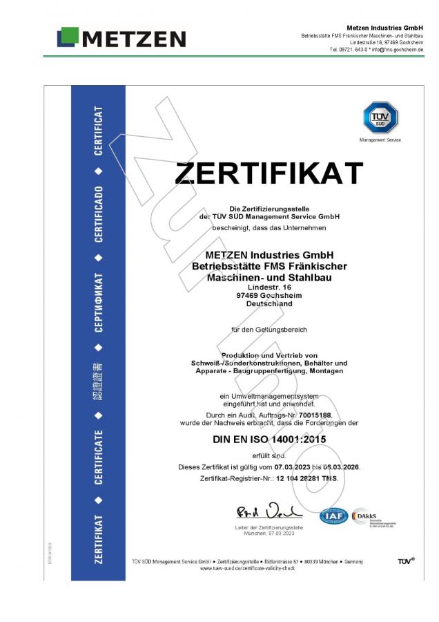 METZEN Industries – 2023 Zertifikat 14001-2015 / DE EN