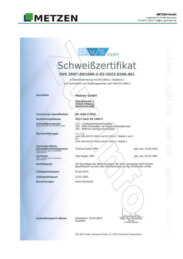 EN 1090-2:2018 Schweiß-Zertifikat Metzen GmbH