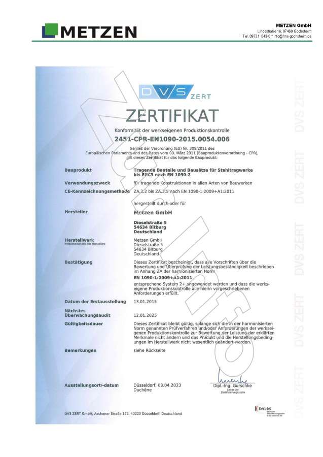 EN 1090-1:2009+A1:2011 WPK Zertifikat Metzen GmbH